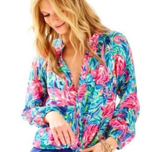 Lilly Pulitzer Top Button Front Elsa in Flamenco Beach Flamingo Print Size XXS